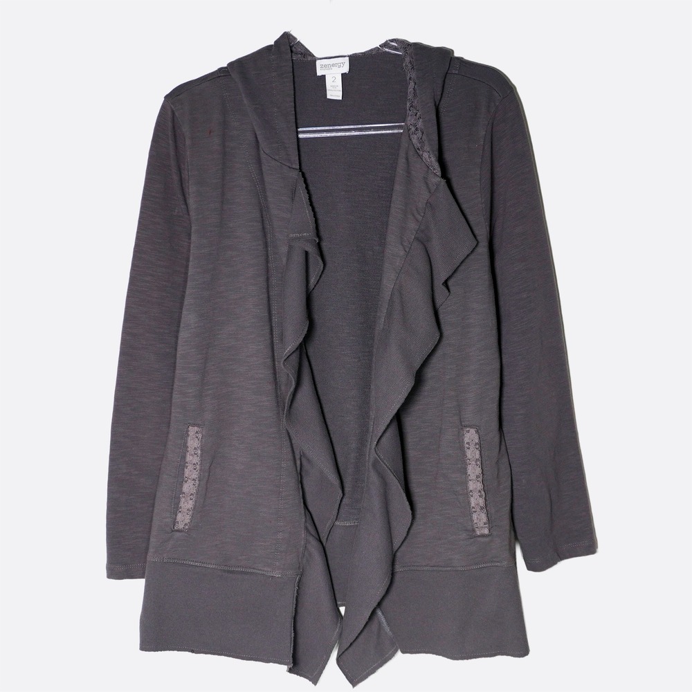 Chico's Hooded Crochet Cardigan Gray Ruffle Lace Open Front Jacket Large 0X 1X - Picture 2 of 7